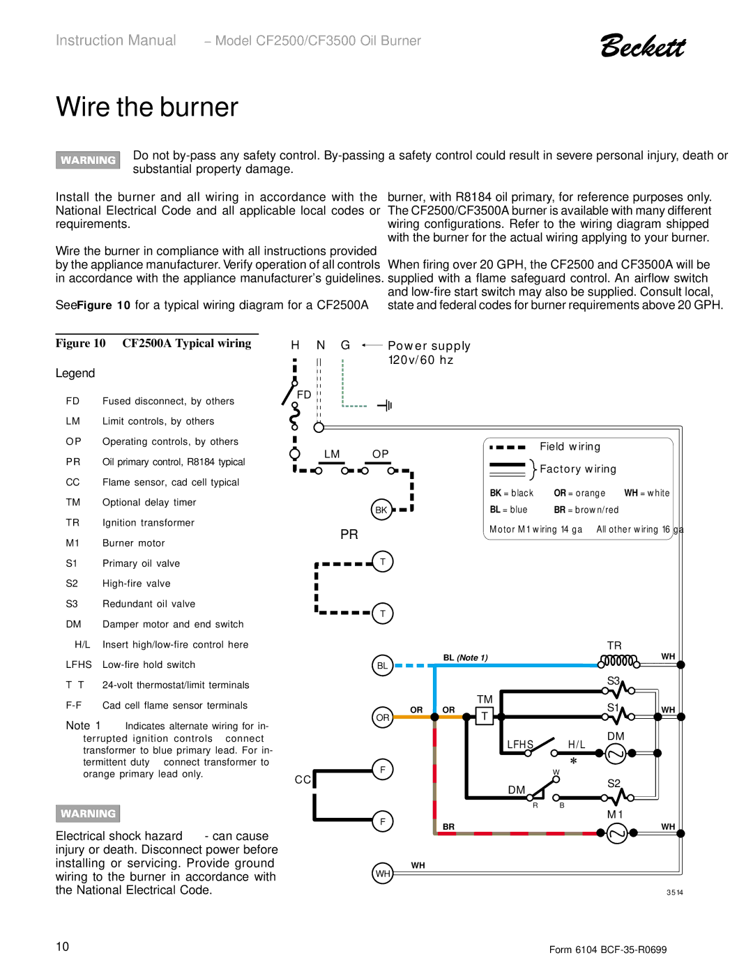 Beckett CF 2500/ 3500 instruction manual Wire the burner, Electrical shock hazard can cause 