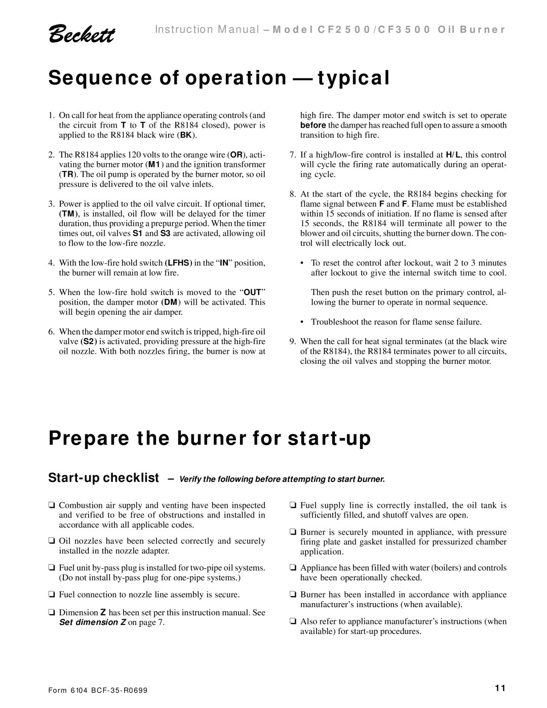 Beckett CF 2500/ 3500 instruction manual Sequence of operation typical, Prepare the burner for start-up 