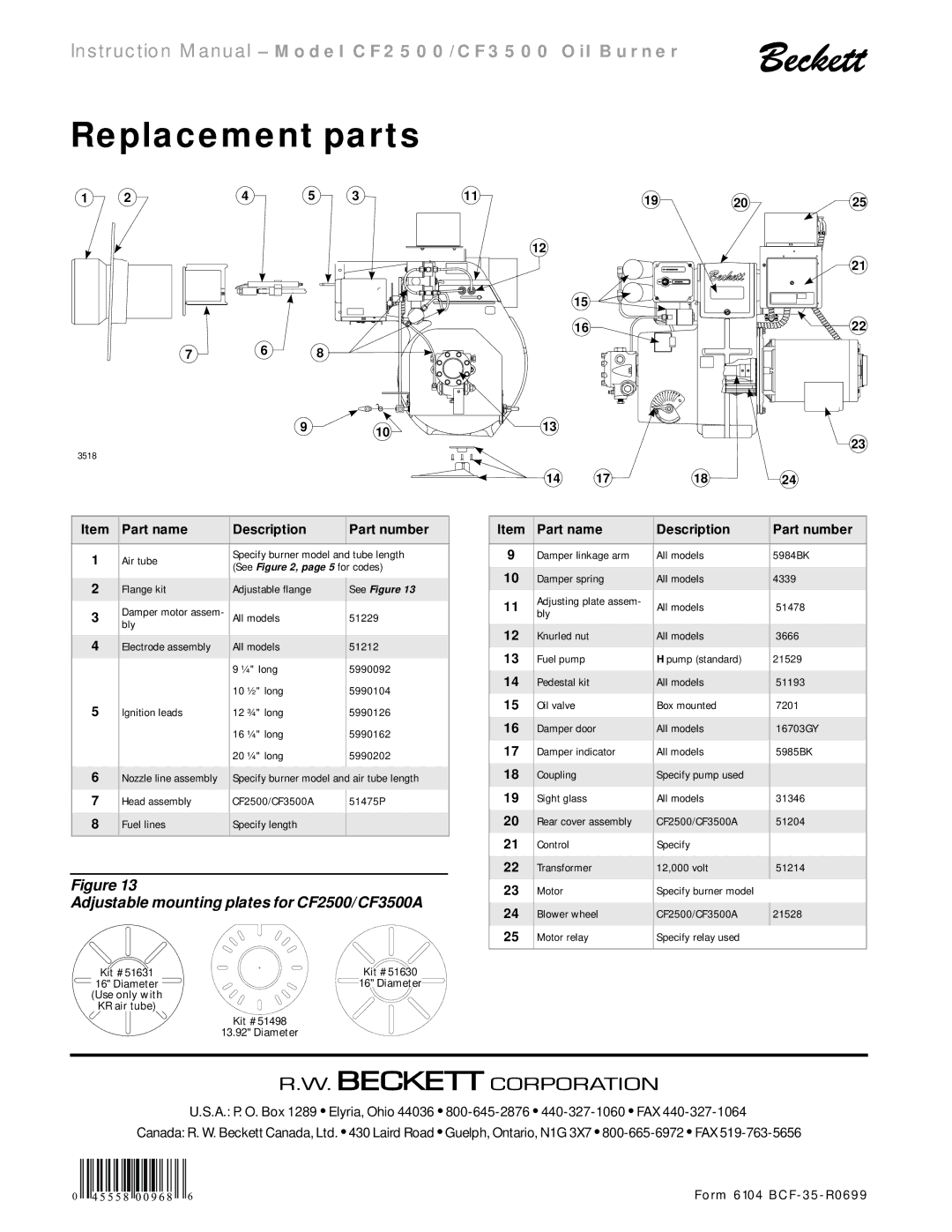 Beckett CF 2500/ 3500 instruction manual Replacement parts, Adjustable mounting plates for CF2500/CF3500A 