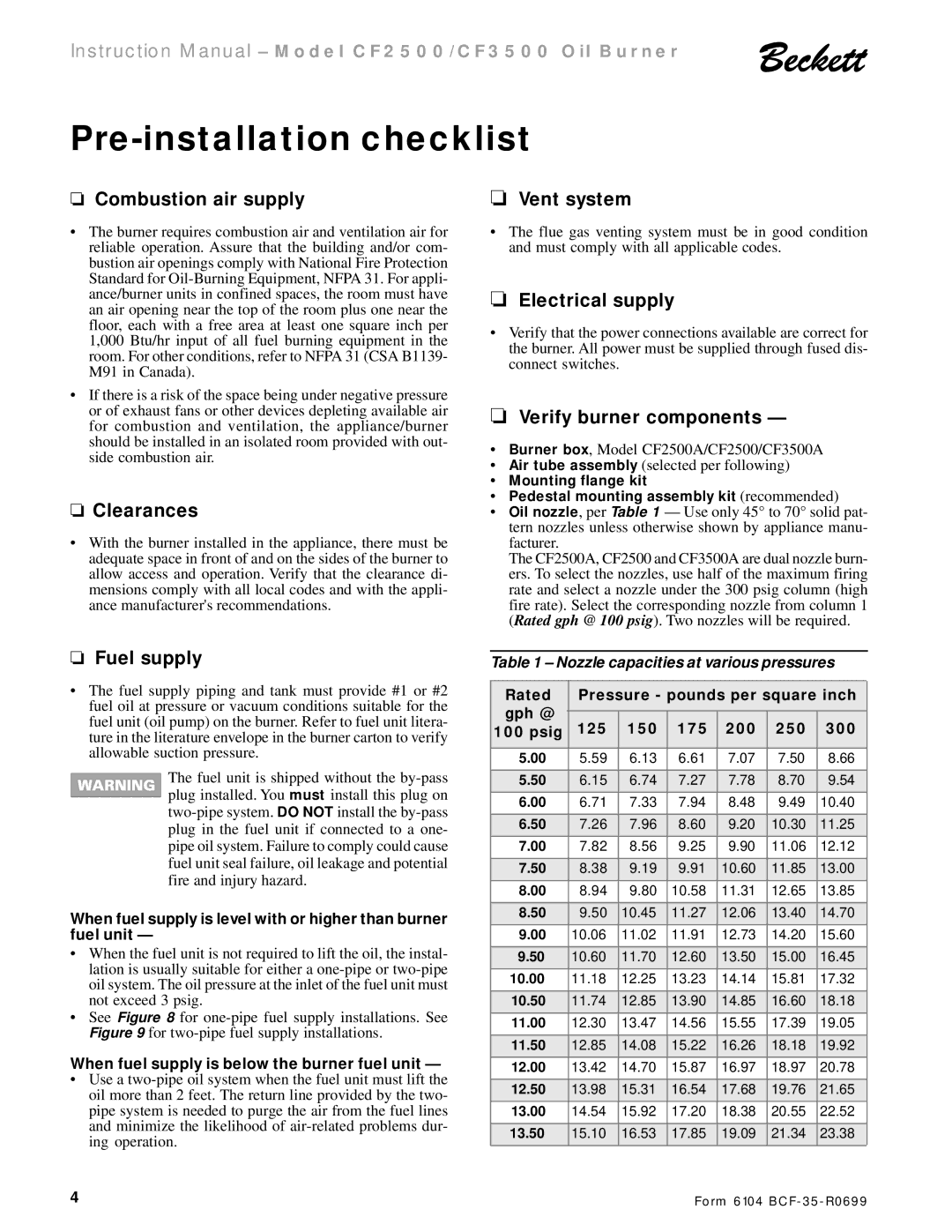 Beckett CF 2500/ 3500 instruction manual Pre-installation checklist 