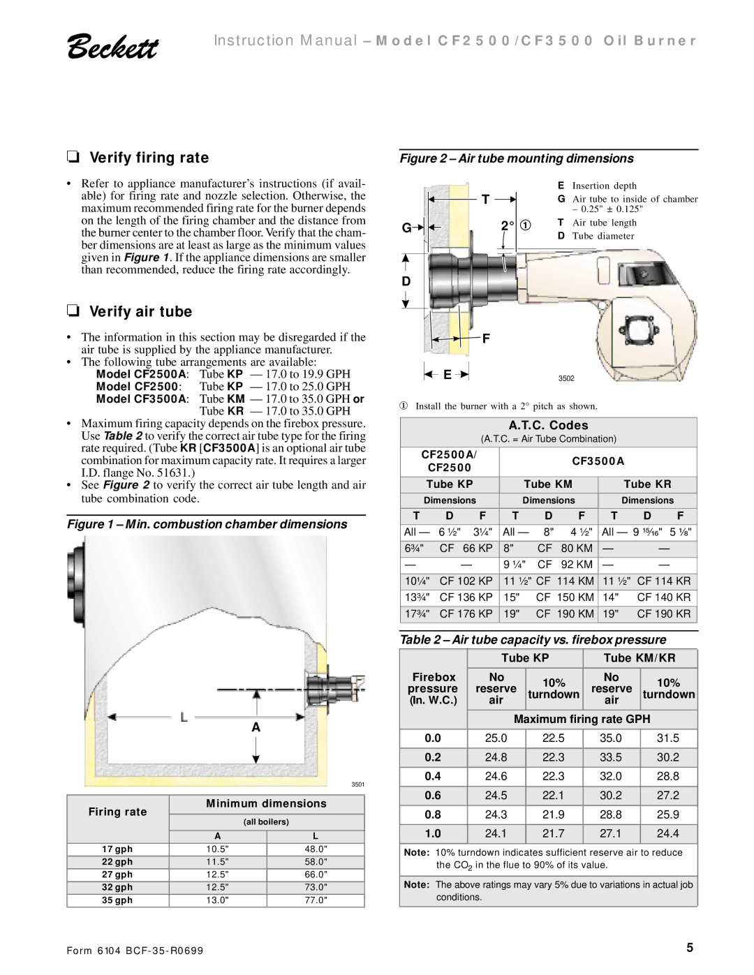 Beckett CF 2500/ 3500 Verify firing rate, Verify air tube, C. Codes, Air tube capacity vs. firebox pressure 