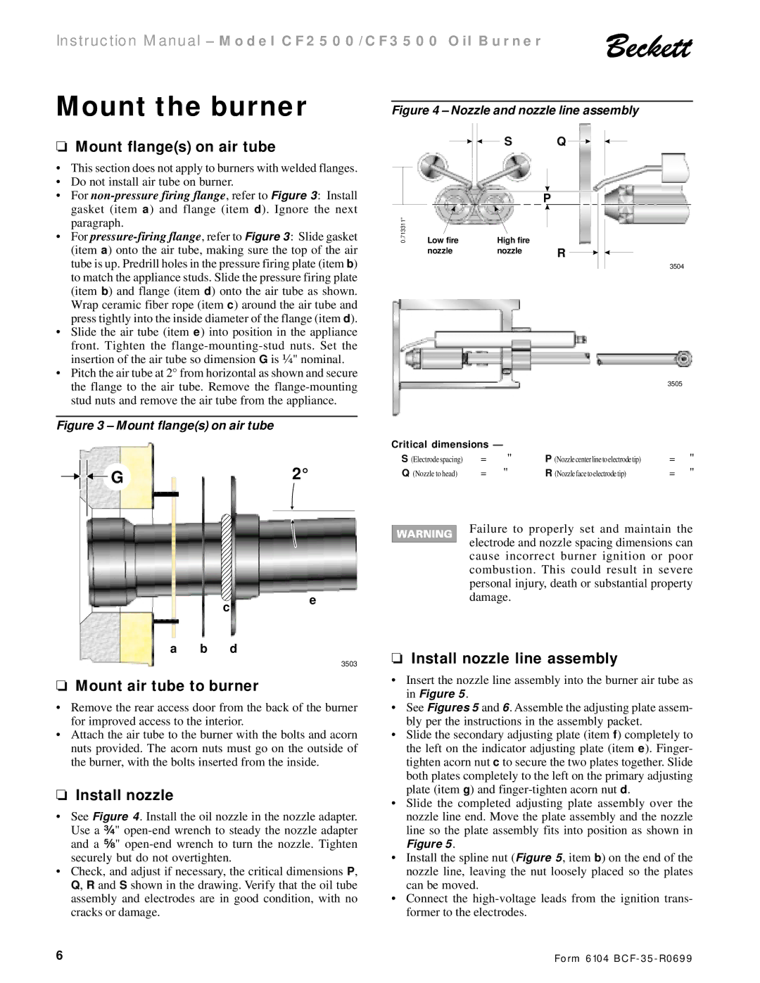 Beckett CF 2500/ 3500 Mount the burner, Mount flanges on air tube, Mount air tube to burner, Install nozzle 