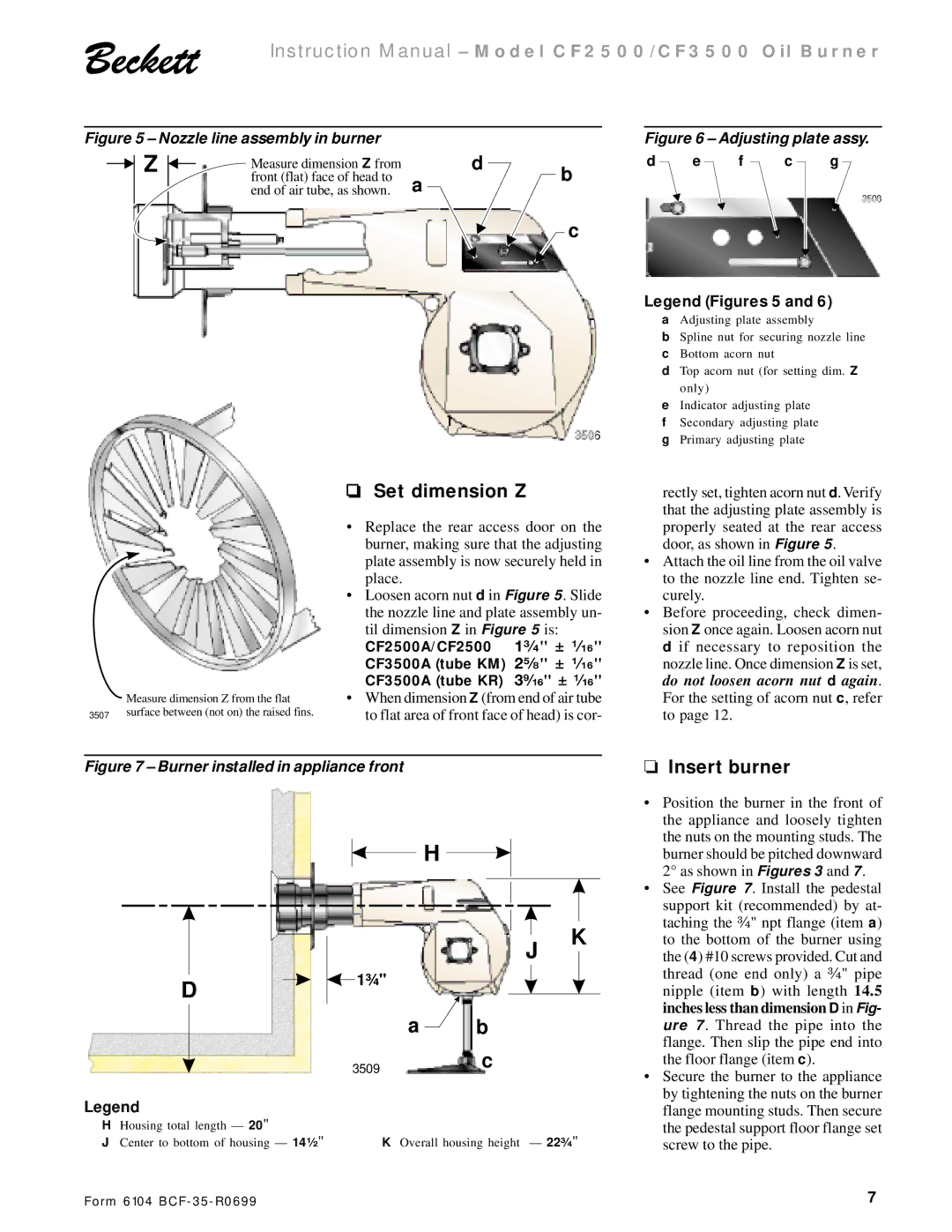 Beckett CF 2500/ 3500 instruction manual Set dimension Z, Insert burner 