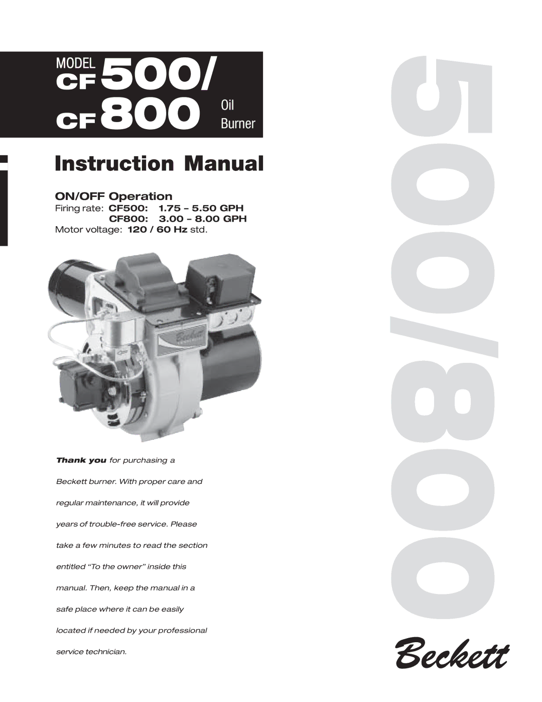 Beckett CF 500/800 instruction manual CF 800 Oil, ON/OFF Operation 