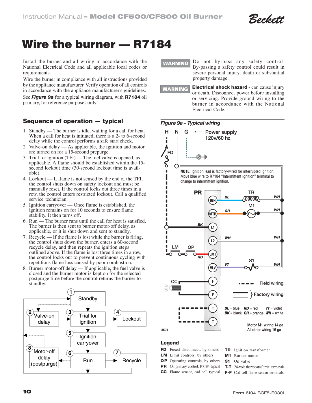 Beckett CF 500/800 instruction manual Wire the burner R7184, Sequence of operation typical 