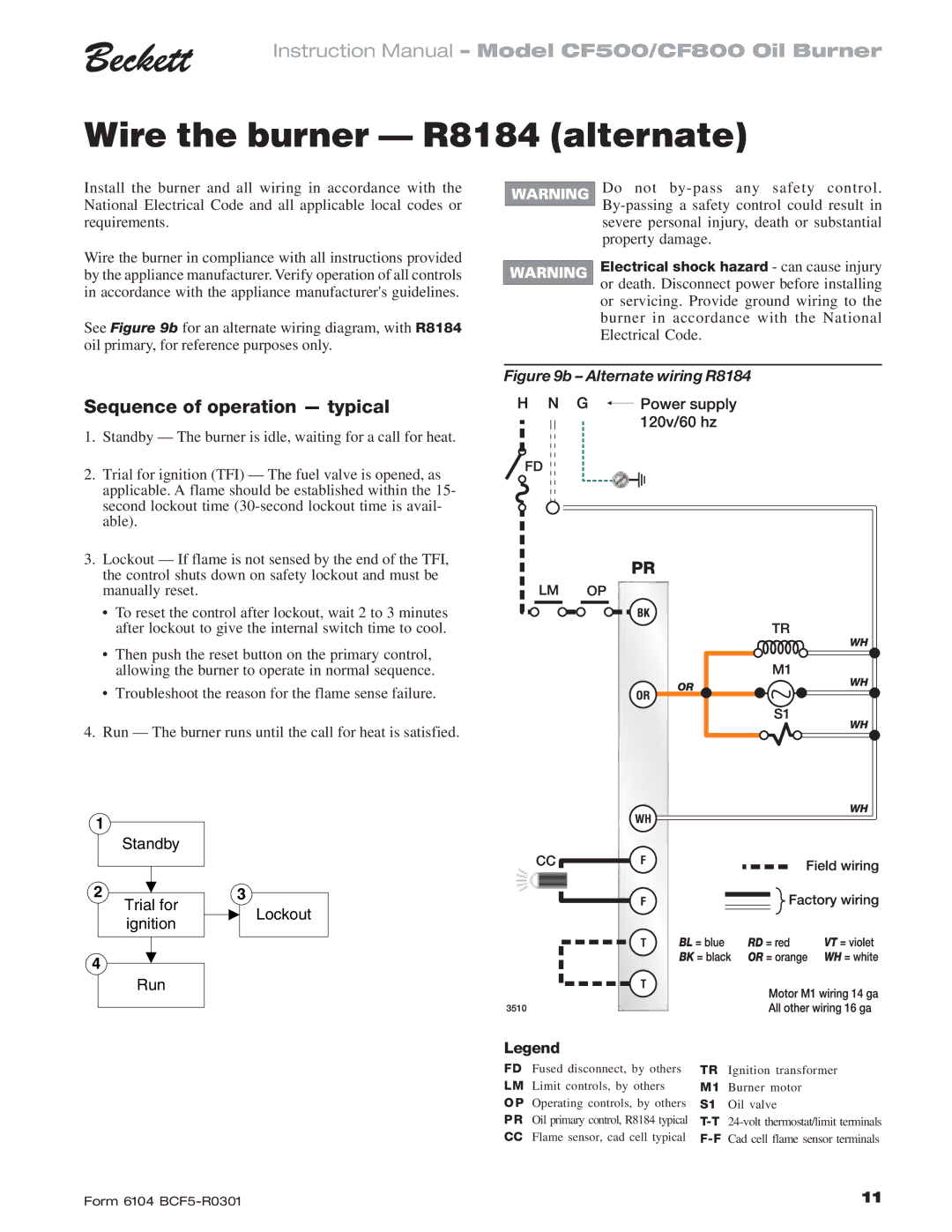 Beckett CF 500/800 instruction manual Wire the burner R8184 alternate, Lockout 