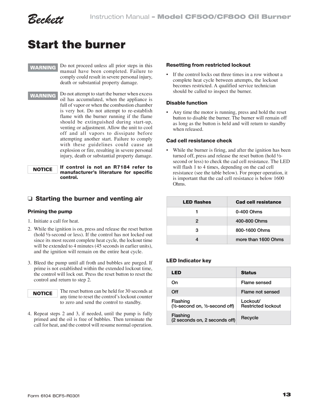 Beckett CF 500/800 instruction manual Start the burner, Starting the burner and venting air 