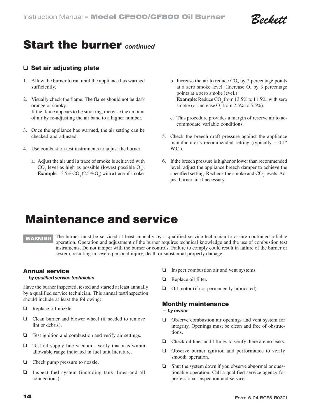 Beckett CF 500/800 instruction manual Maintenance and service, Set air adjusting plate, Annual service, Monthly maintenance 