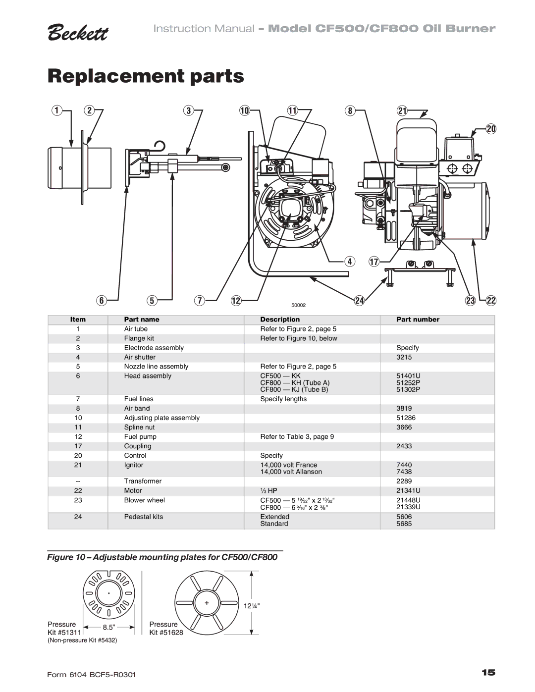 Beckett CF 500/800 instruction manual Replacement parts, Part name Description Part number 