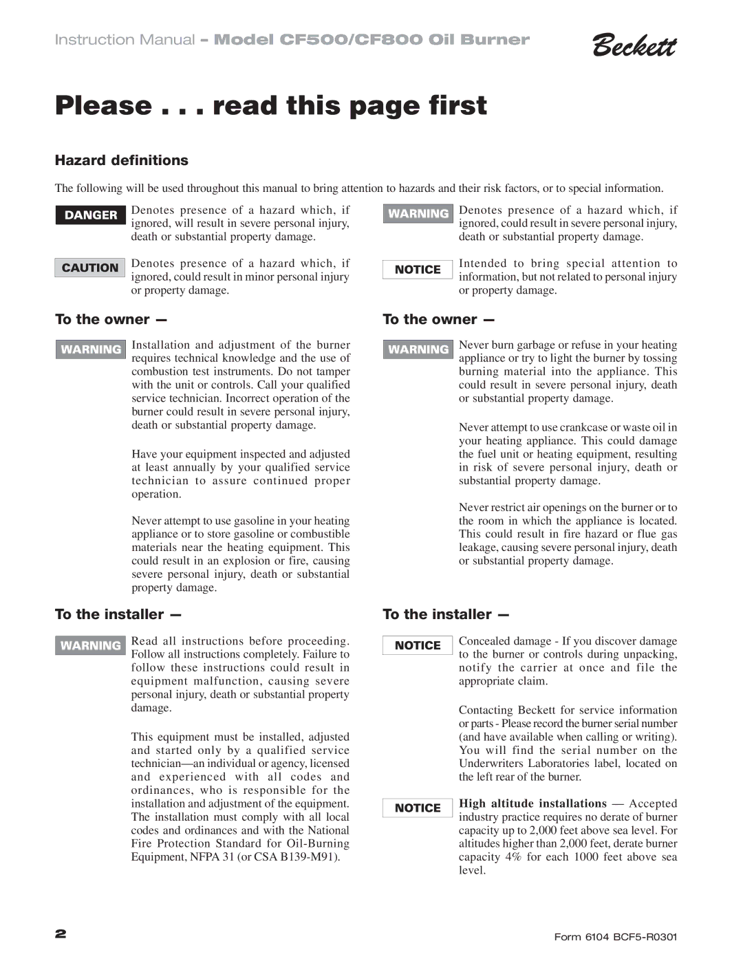 Beckett CF 500/800 instruction manual Please . . . read this page first, Hazard definitions, To the owner, To the installer 