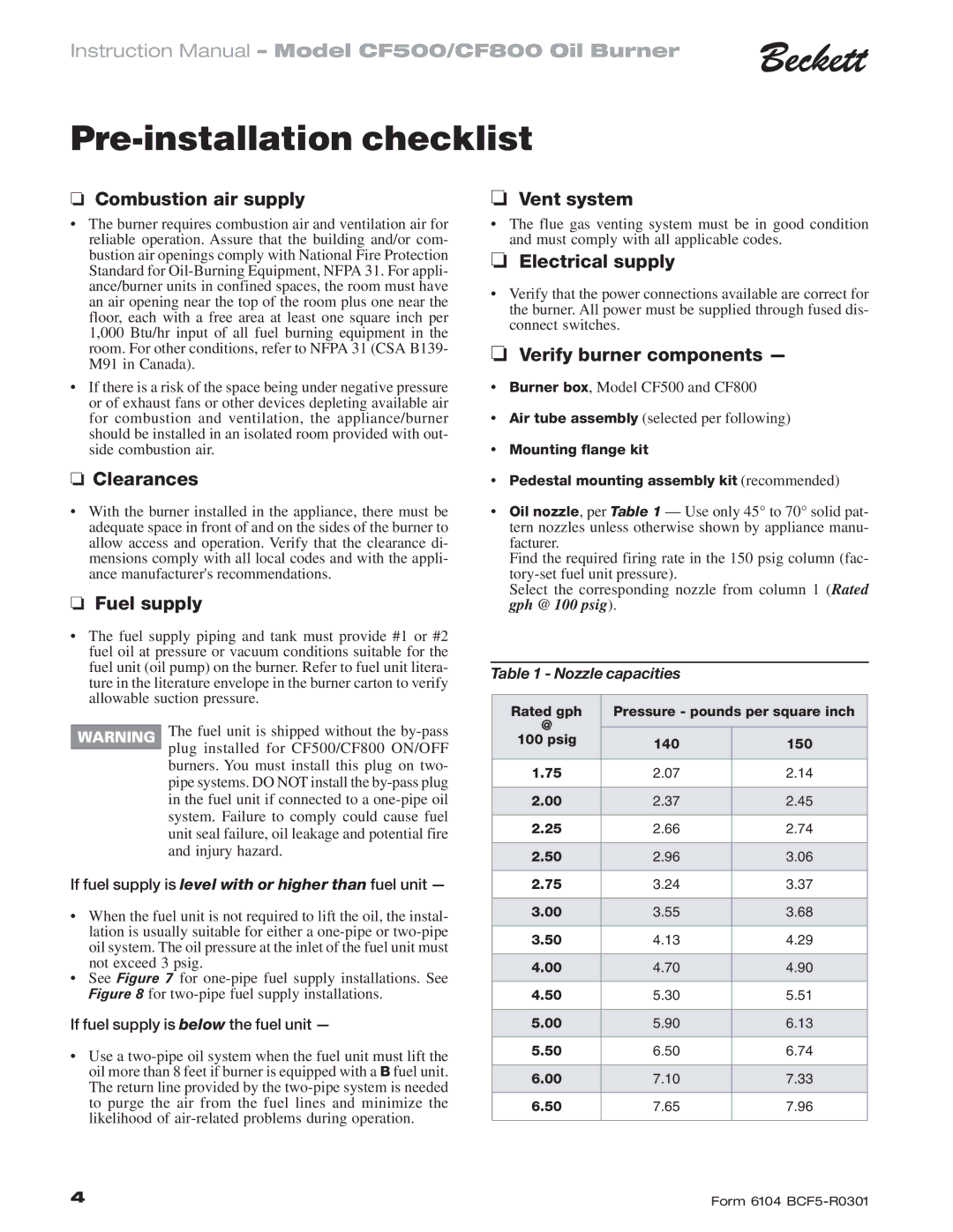 Beckett CF 500/800 instruction manual Pre-installation checklist 