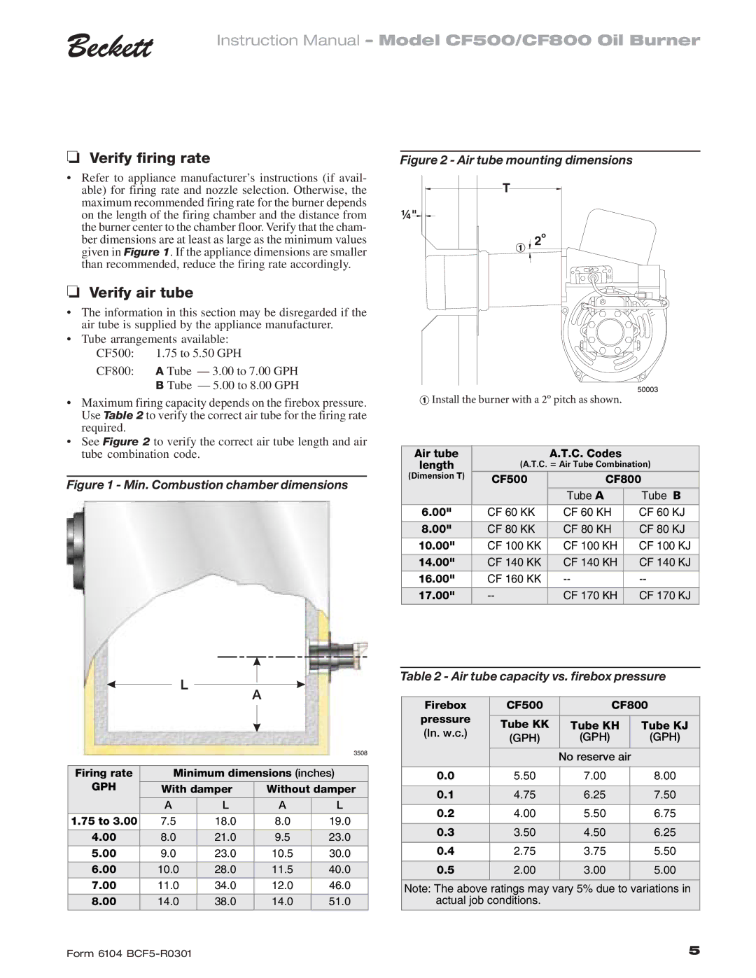 Beckett CF 500/800 instruction manual Verify firing rate, Verify air tube 