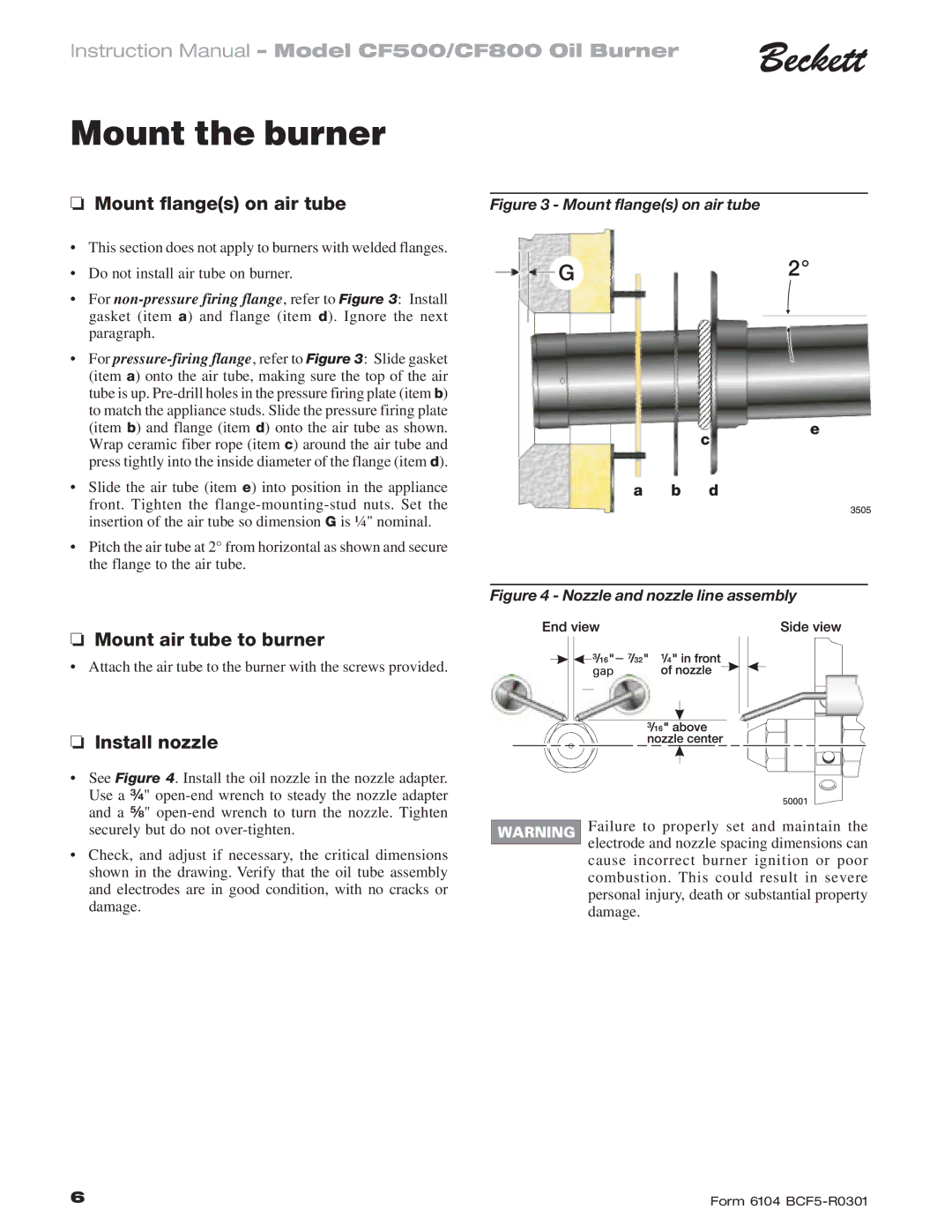 Beckett CF 500/800 instruction manual Mount the burner, Mount air tube to burner, Install nozzle 