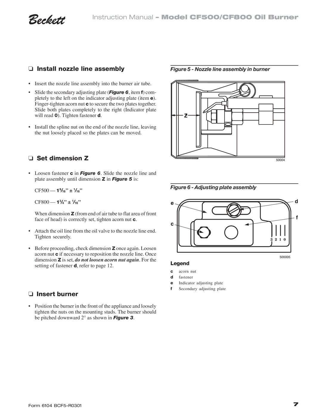 Beckett CF 500/800 instruction manual Set dimension Z, Insert burner 