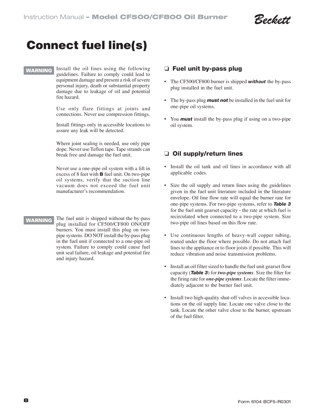 Beckett CF 500/800 instruction manual Connect fuel lines, Fuel unit by-pass plug, Oil supply/return lines 