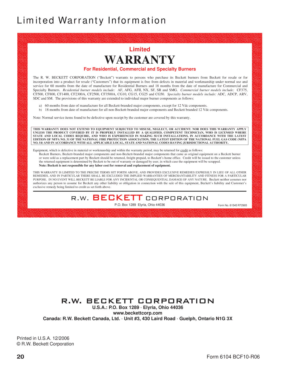 Beckett CF1000 manual Warranty 