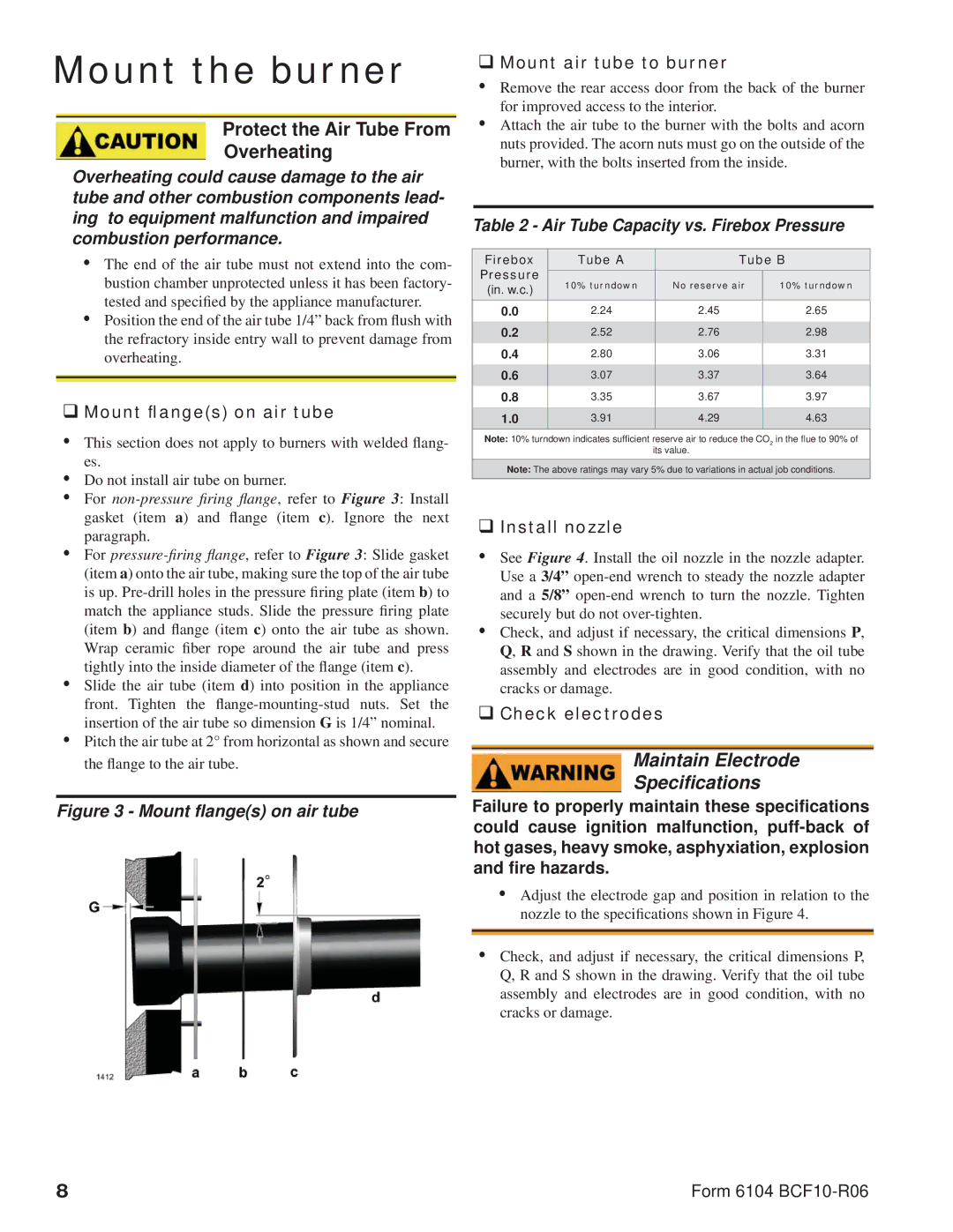 Beckett CF1000 manual Protect the Air Tube From Overheating, ‰ Mount ﬂanges on air tube, ‰ Mount air tube to burner 