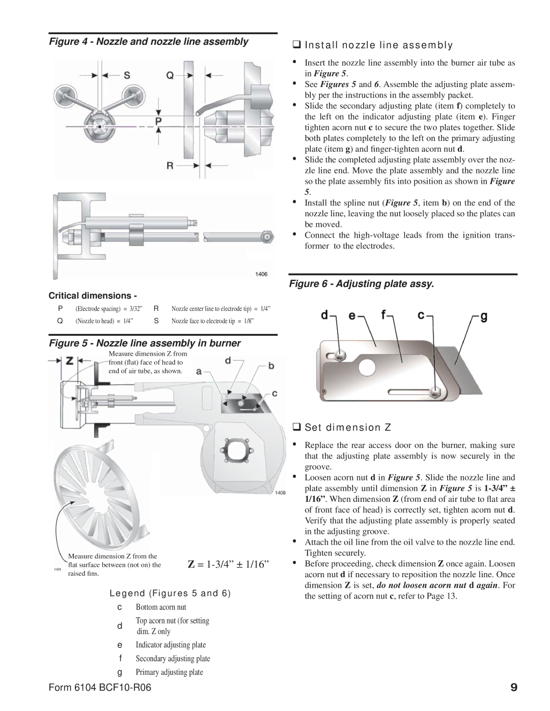 Beckett CF1000 manual ‰ Install nozzle line assembly, ‰ Set dimension Z 