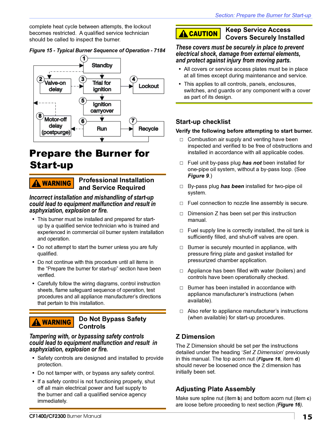 Beckett CF1400 manual Prepare the Burner for Start-up, Tampering with, or bypassing safety controls 