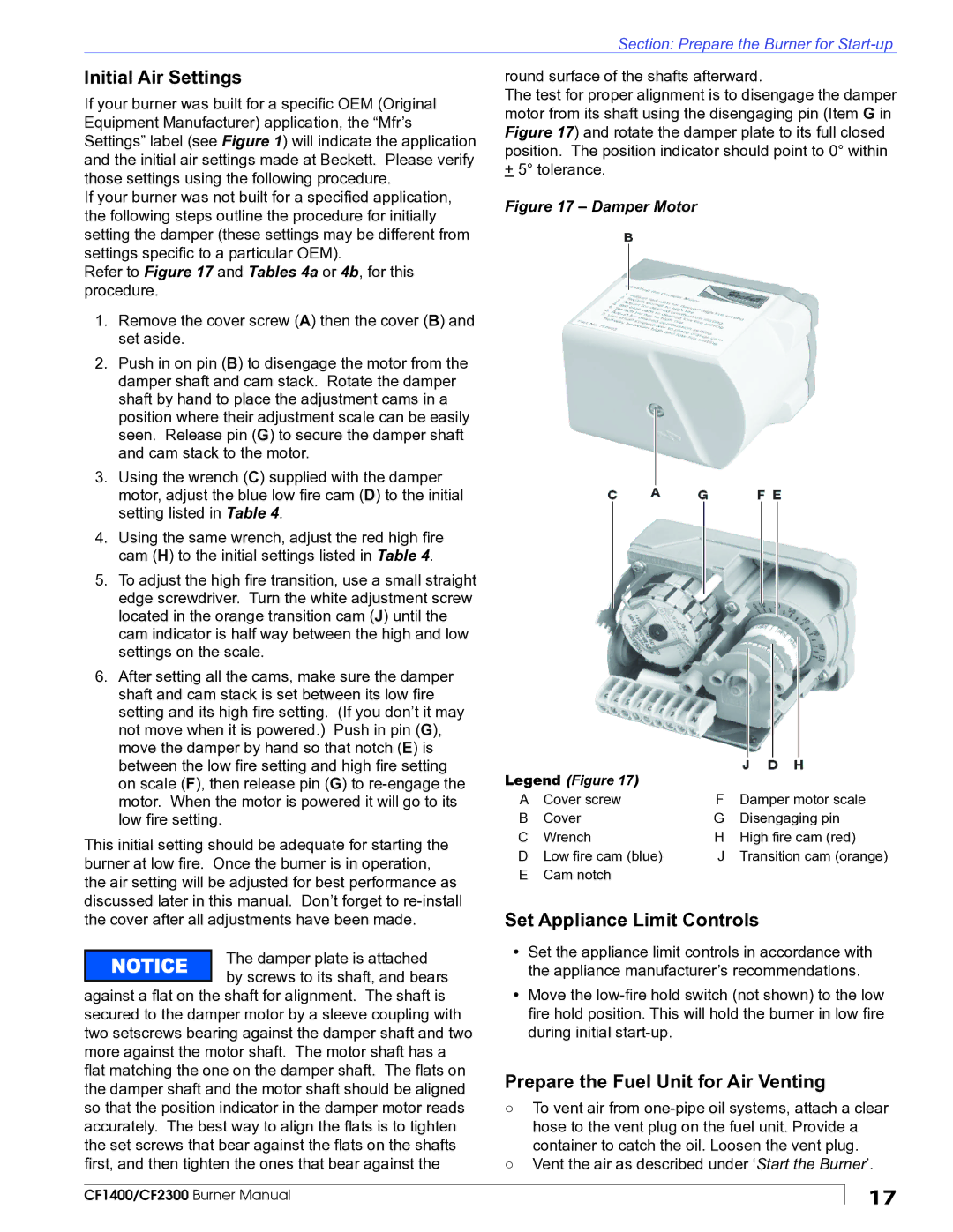 Beckett CF1400 manual Initial Air Settings, Set Appliance Limit Controls, Prepare the Fuel Unit for Air Venting 