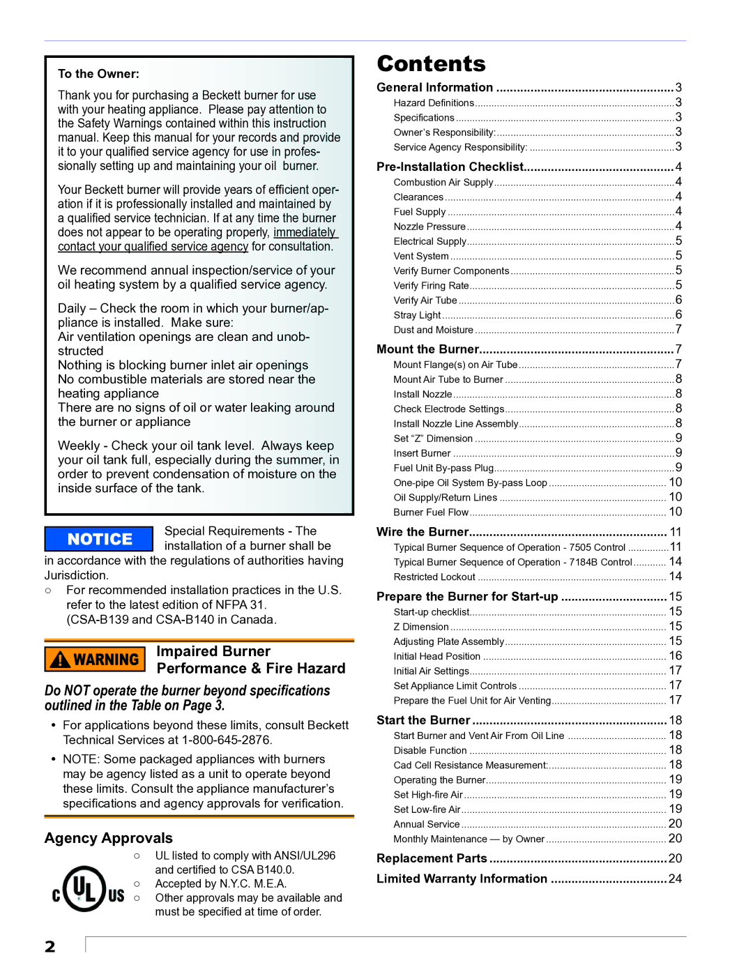 Beckett CF1400 manual Contents 