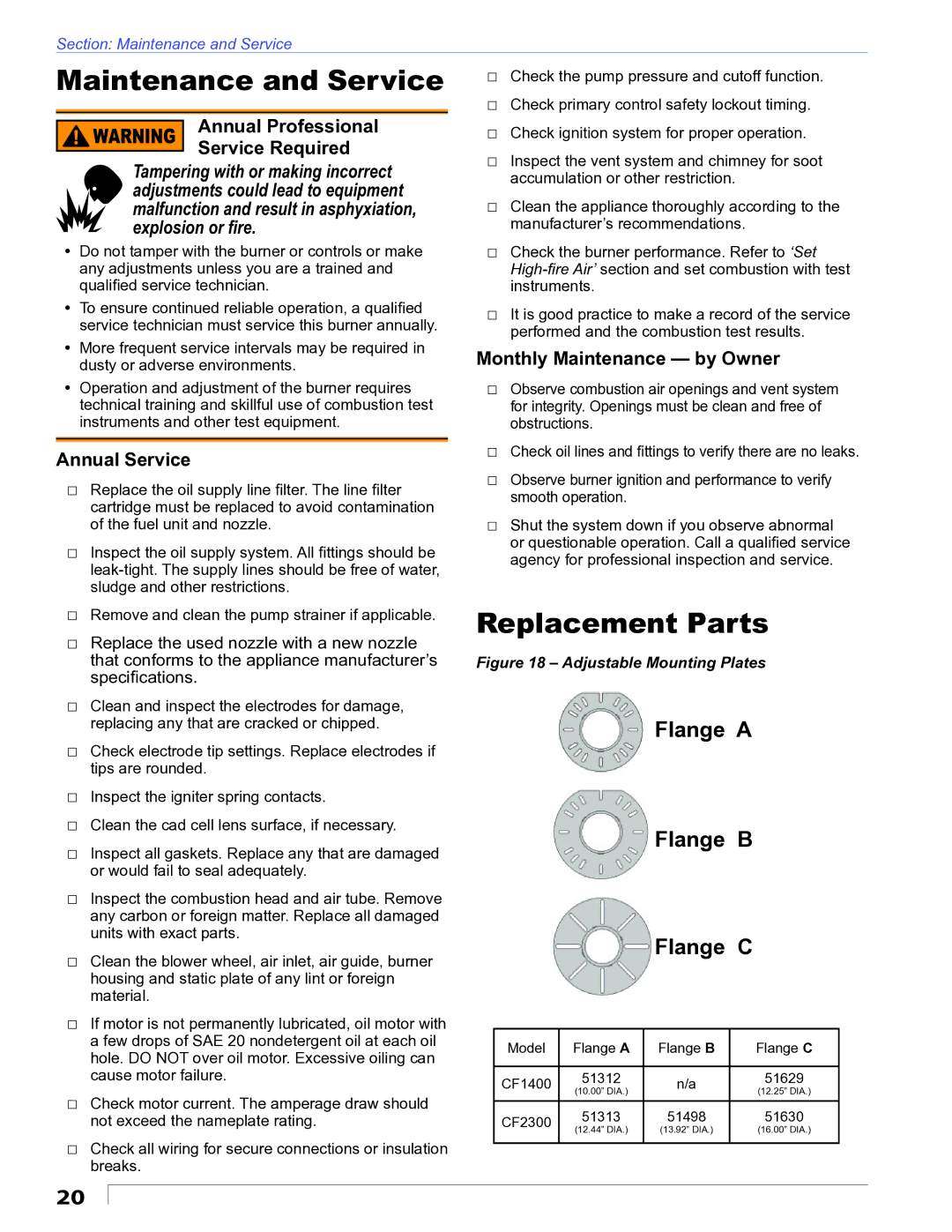 Beckett CF1400 manual Maintenance and Service, Replacement Parts, Annual Professional Service Required, Annual Service 