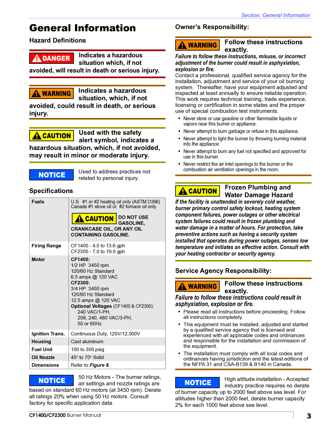 Beckett CF1400 manual General Information, Hazard Deﬁnitions, Frozen Plumbing Water Damage Hazard 