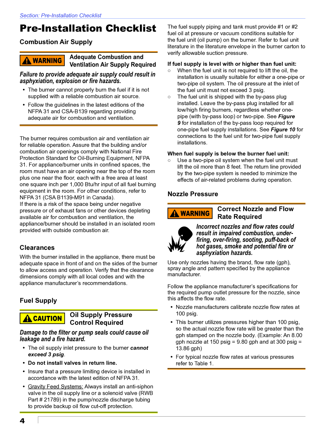 Beckett CF1400 manual Pre-Installation Checklist, Combustion Air Supply, Clearances 