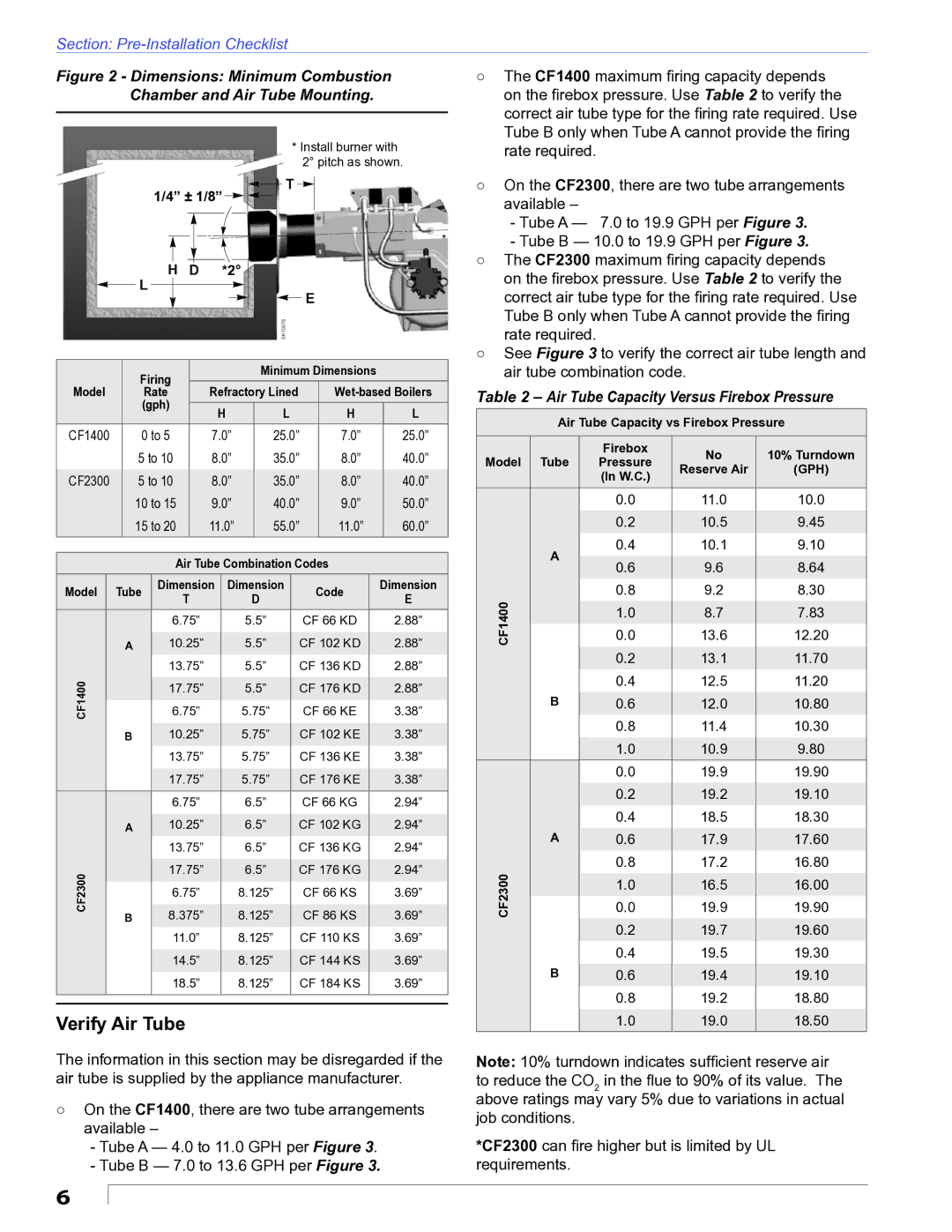 Beckett CF1400 manual Verify Air Tube, Air Tube Capacity Versus Firebox Pressure, ± 1/8 