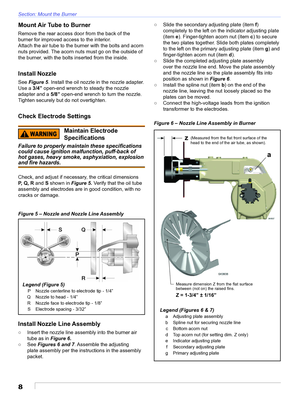 Beckett CF1400 manual Mount Air Tube to Burner, Install Nozzle, Check Electrode Settings Maintain Electrode Speciﬁcations 