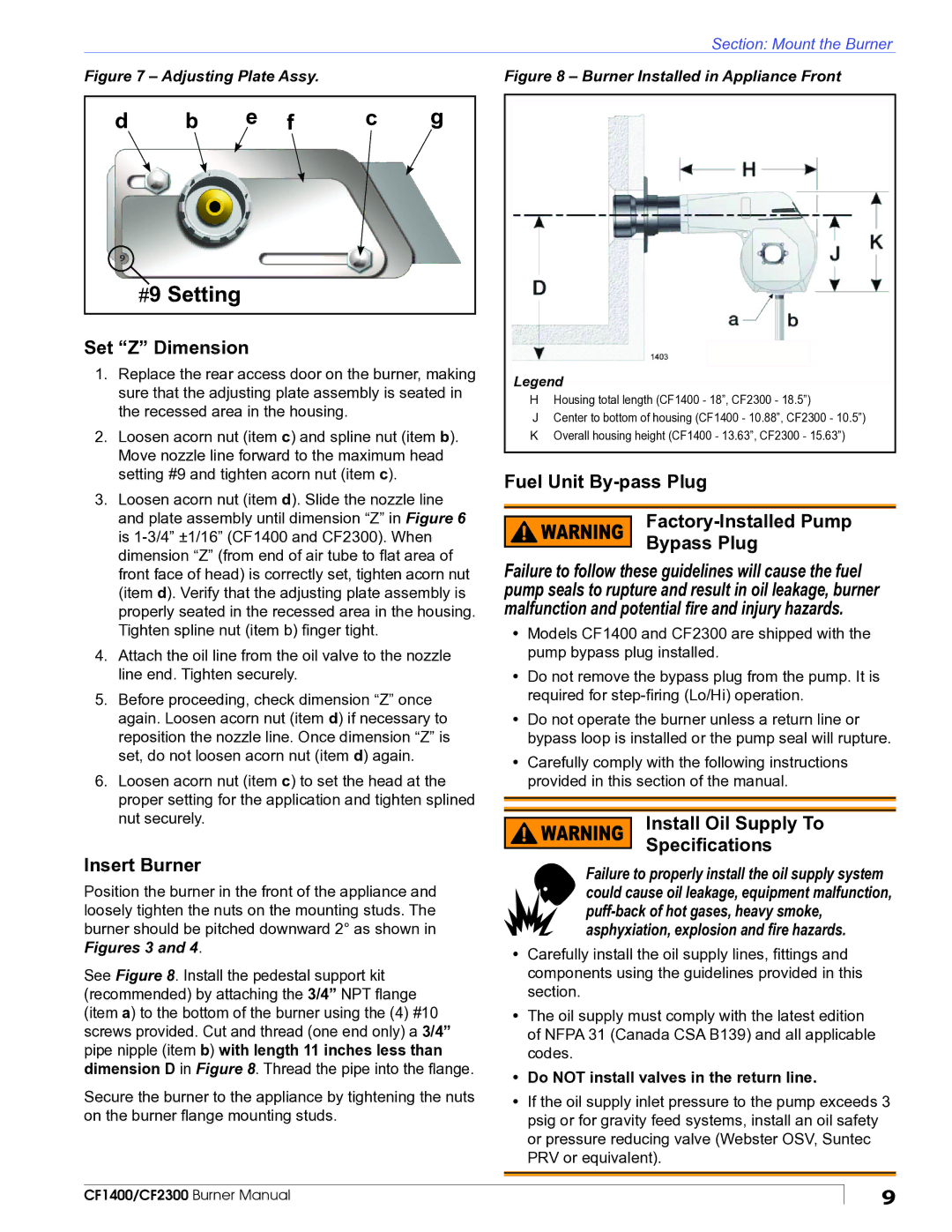 Beckett CF1400 manual Set Z Dimension, Insert Burner, Fuel Unit By-pass Plug Factory-Installed Pump Bypass Plug 