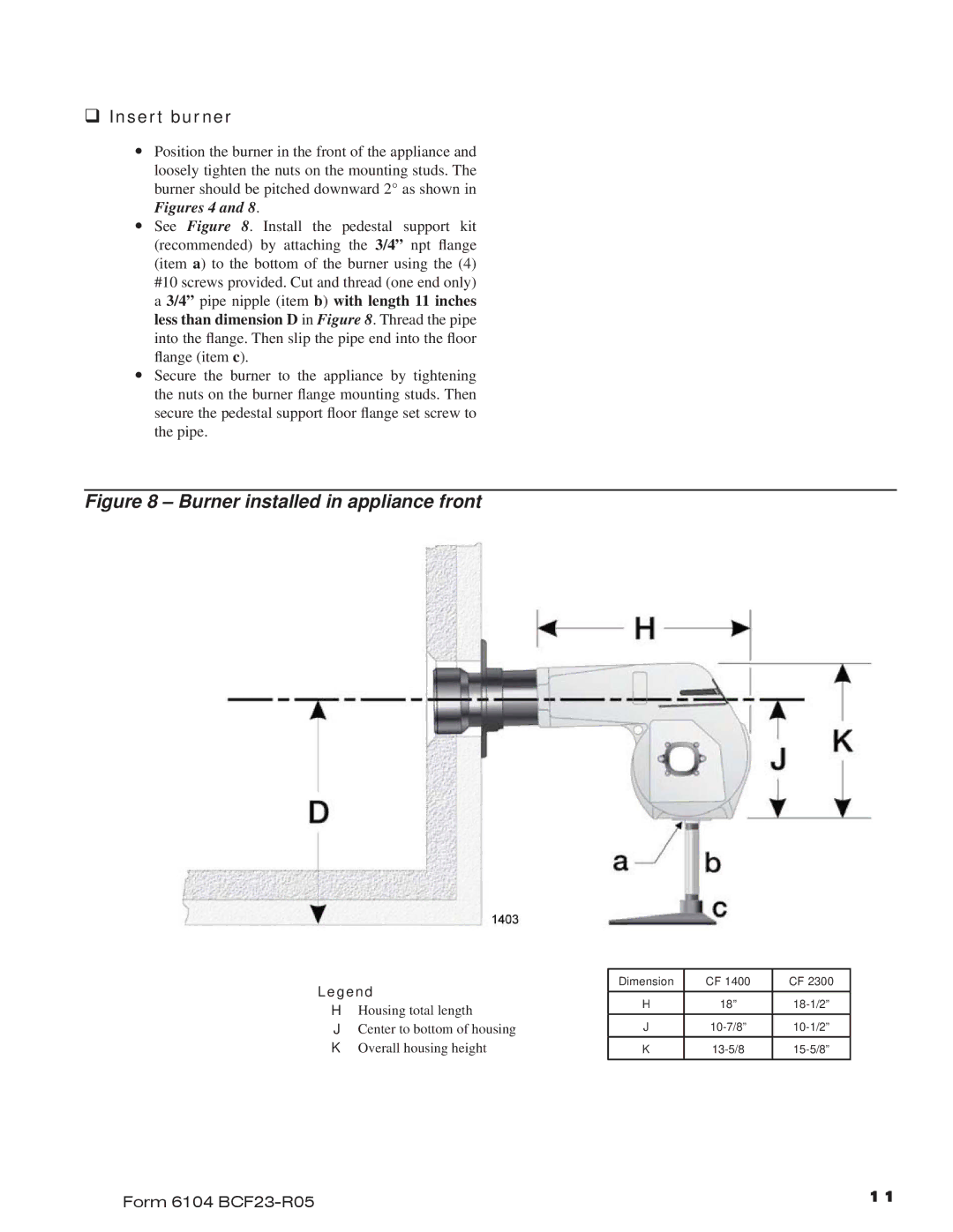 Beckett CF1400, CF2300 manual Burner installed in appliance front, ‰ Insert burner 