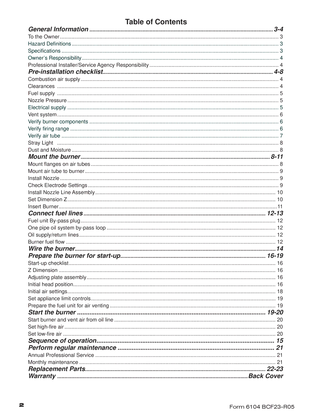 Beckett CF2300, CF1400 manual Table of Contents 