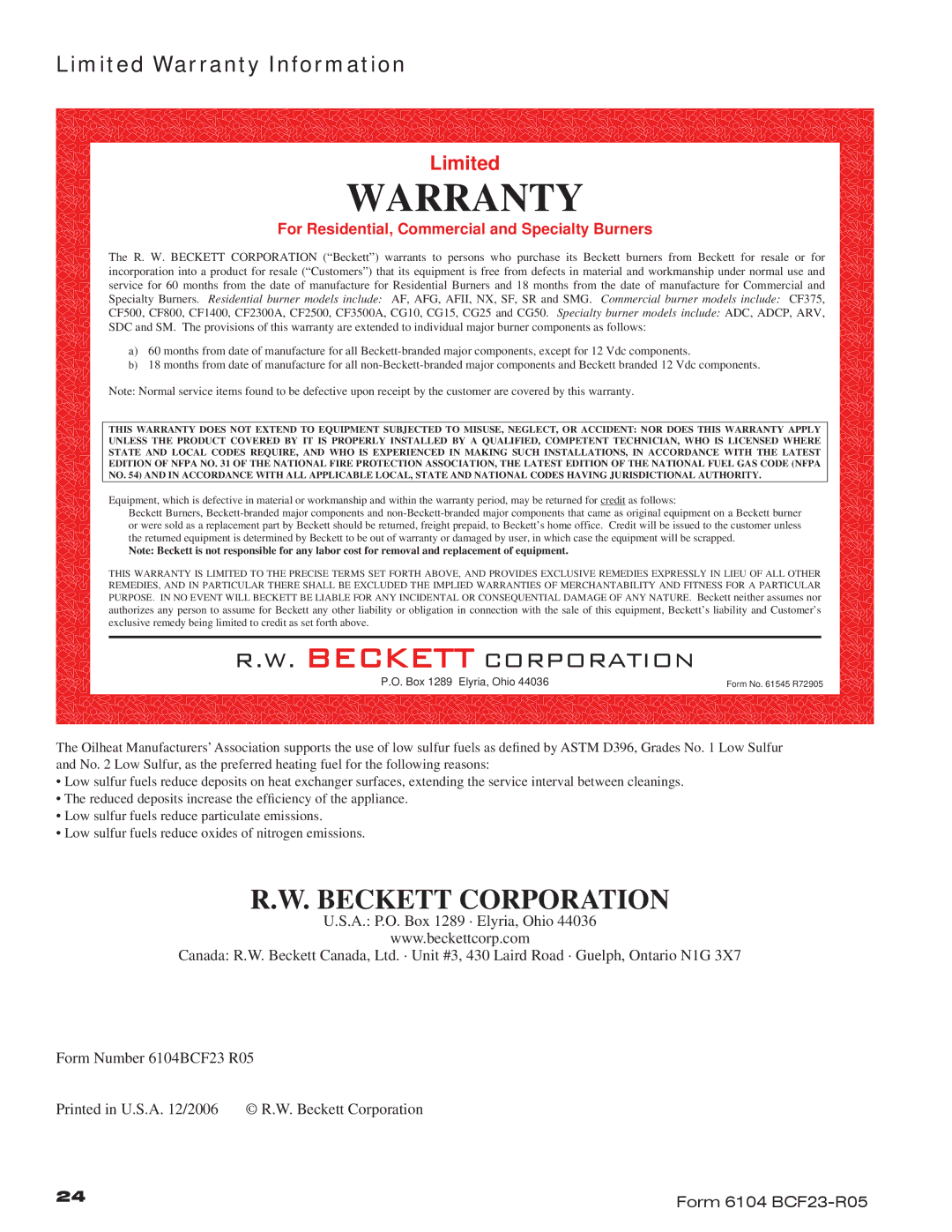 Beckett CF2300, CF1400 manual Limited Warranty Information 