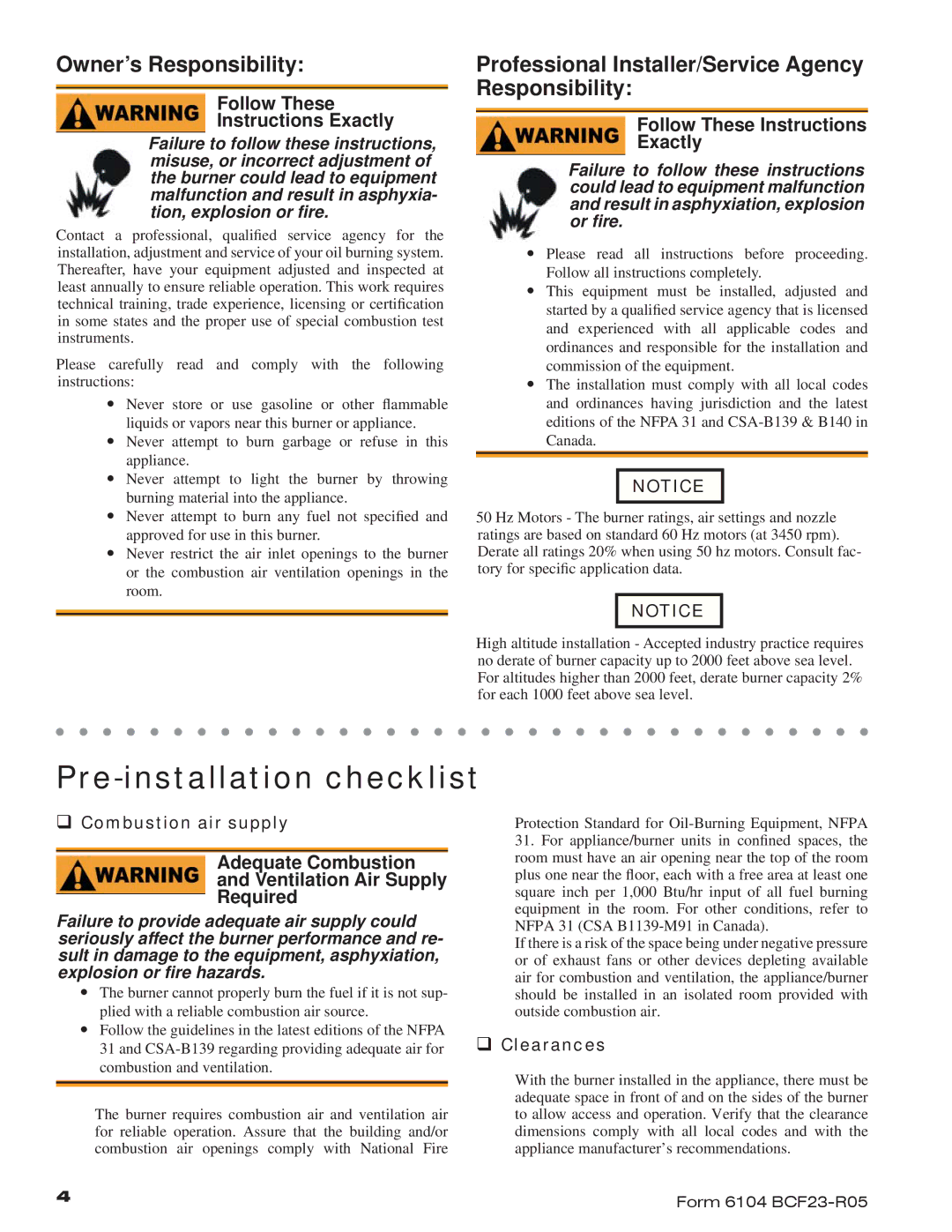 Beckett CF2300 Pre-installation checklist, Owner’s Responsibility, Professional Installer/Service Agency Responsibility 