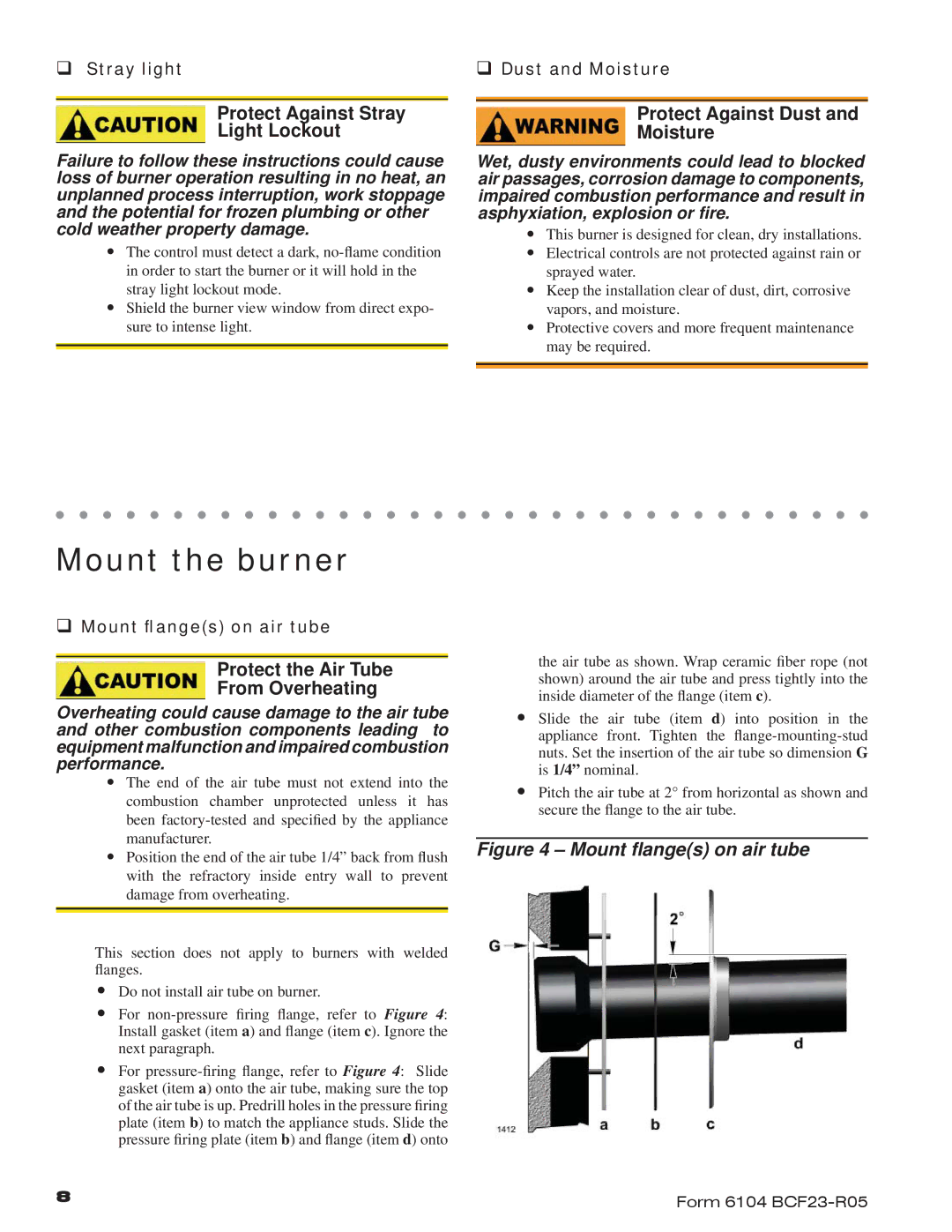 Beckett CF2300, CF1400 manual Mount the burner, Protect Against Stray Light Lockout, Protect Against Dust Moisture 