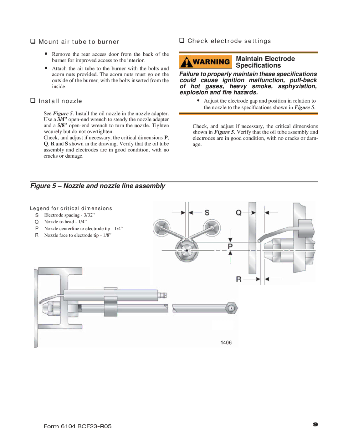 Beckett CF1400 Maintain Electrode Speciﬁcations, ‰ Mount air tube to burner, ‰ Install nozzle, ‰ Check electrode settings 