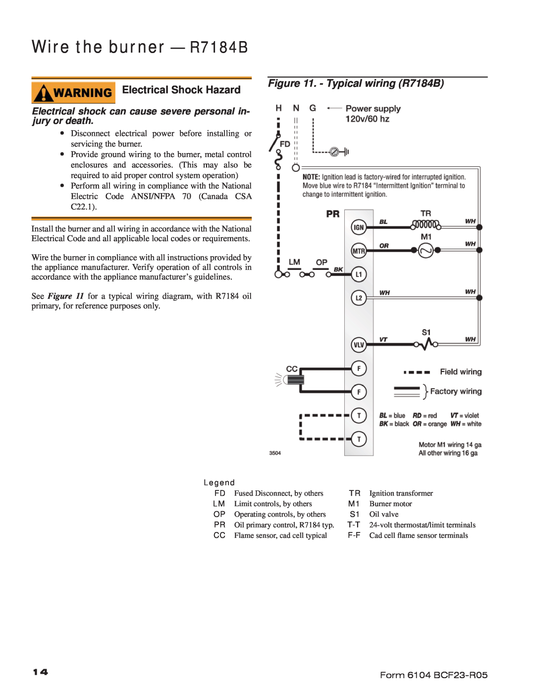 Beckett CF2300, CF1400 manual Wire the burner - R7184B, Electrical Shock Hazard, Typical wiring R7184B 