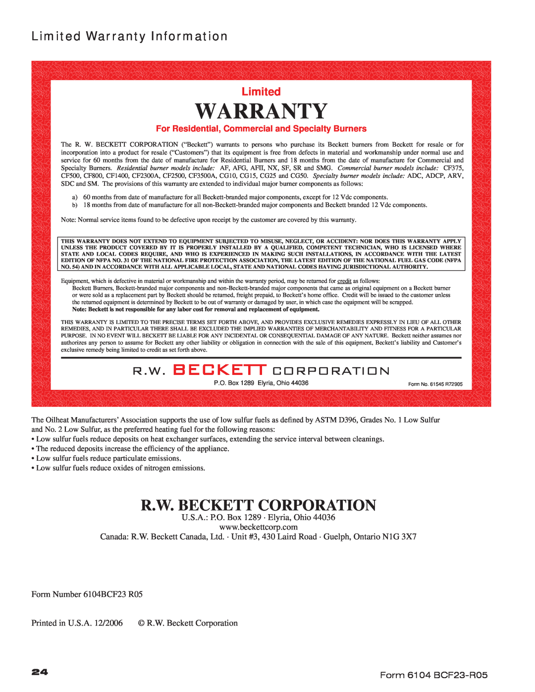 Beckett CF2300 Limited Warranty Information, R.W. Beckett Corporation, For Residential, Commercial and Specialty Burners 