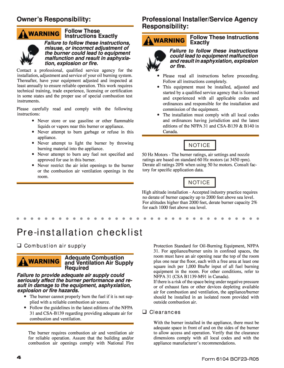 Beckett CF2300 Pre-installation checklist, Owner’s Responsibility, Professional Installer/Service Agency Responsibility 