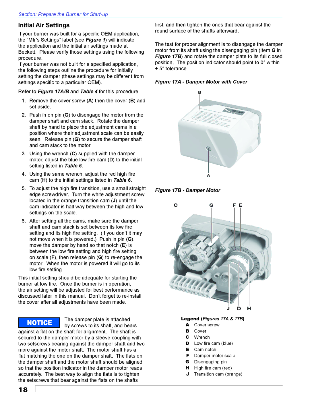 Beckett CF2500 manual Initial Air Settings, Damper Motor with Cover 