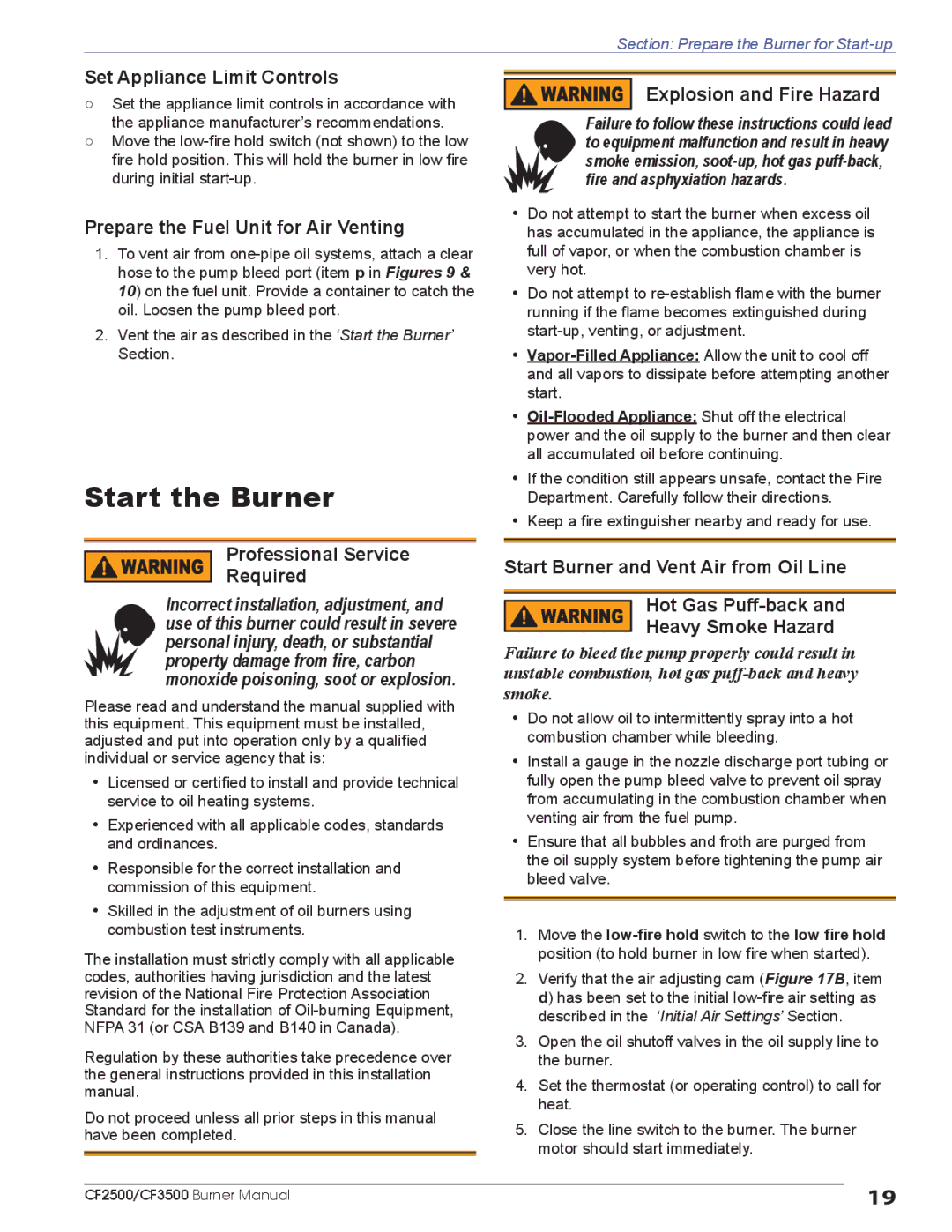 Beckett CF2500 manual Start the Burner, Set Appliance Limit Controls, Prepare the Fuel Unit for Air Venting 