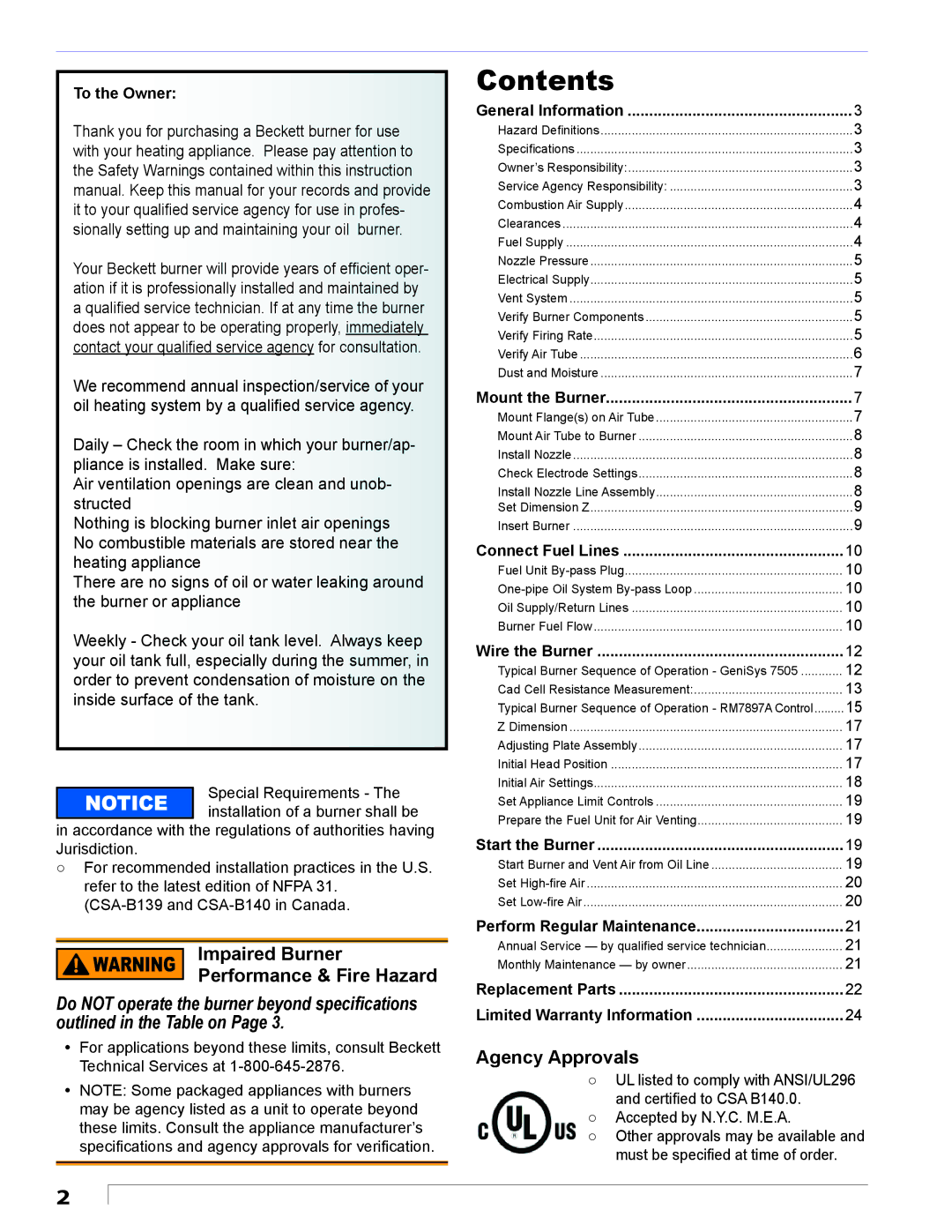 Beckett CF2500 manual Contents 