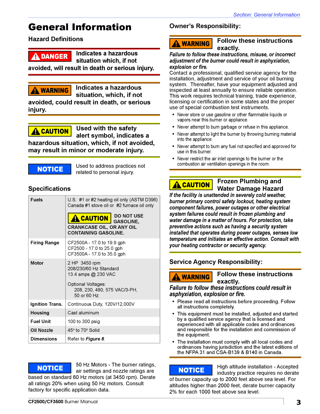 Beckett CF2500 manual General Information, Hazard Deﬁnitions, Frozen Plumbing Water Damage Hazard 