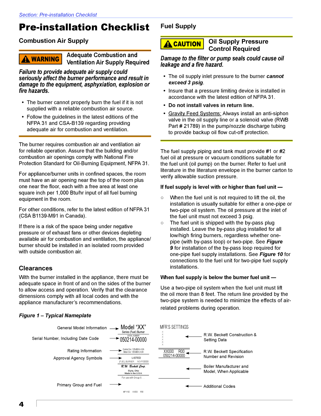 Beckett CF2500 manual Pre-installation Checklist, Clearances, Fuel Supply Oil Supply Pressure Control Required 