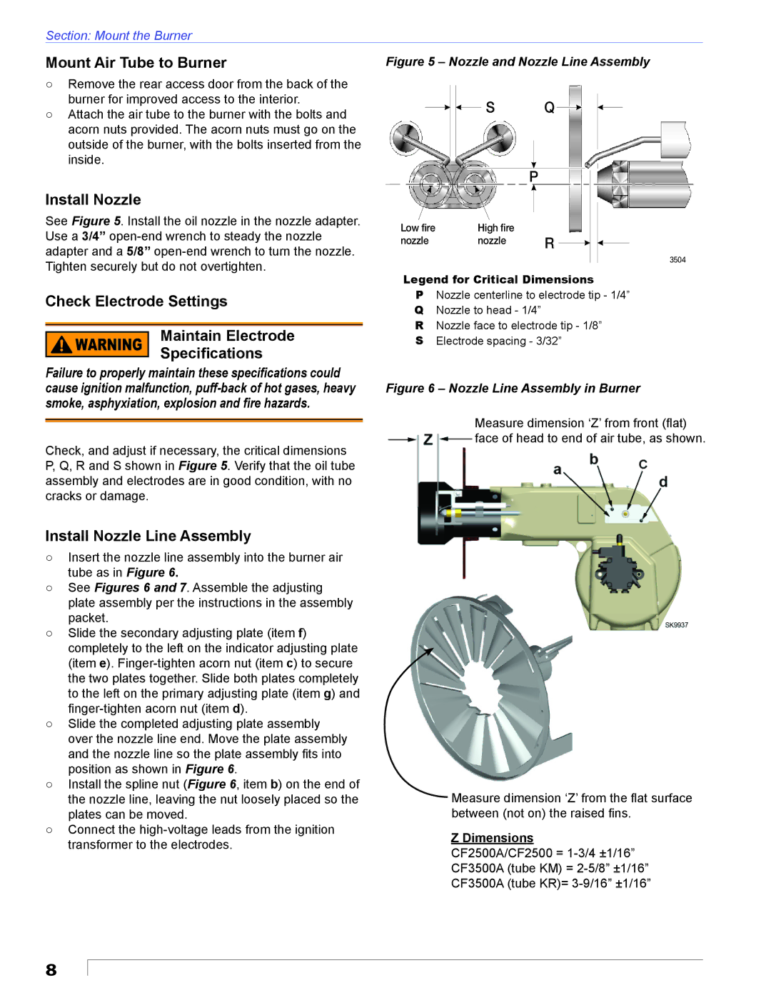 Beckett CF2500 manual Mount Air Tube to Burner, Install Nozzle, Check Electrode Settings Maintain Electrode Speciﬁcations 