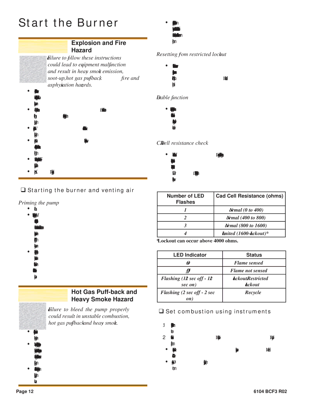 Beckett CF375 manual Explosion and Fire Hazard, Hot Gas Puff-back Heavy Smoke Hazard 