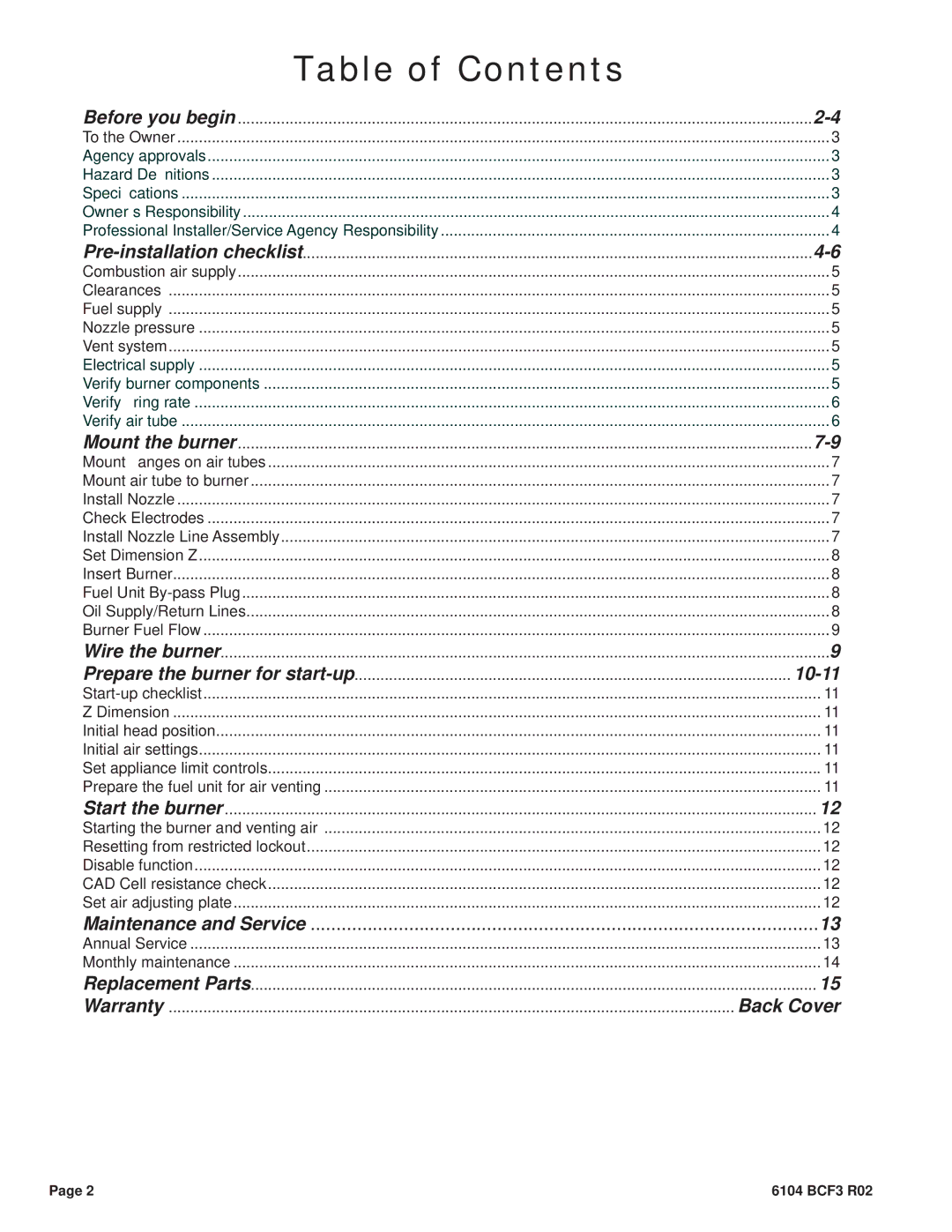 Beckett CF375 manual Table of Contents 