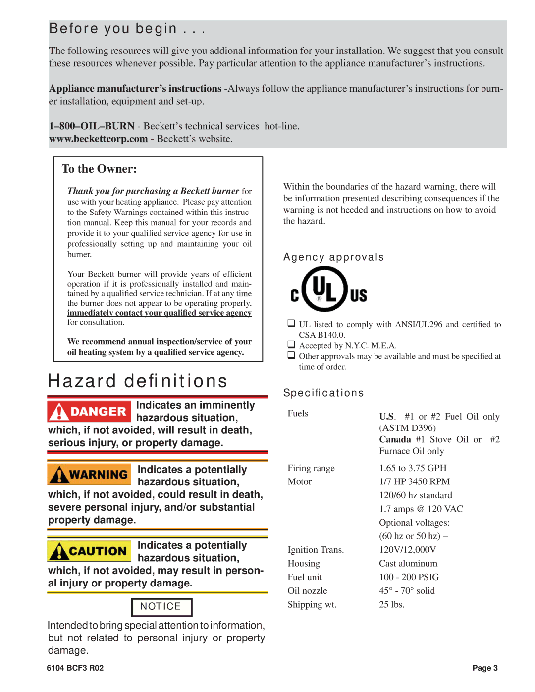 Beckett CF375 manual Before you begin, Agency approvals 