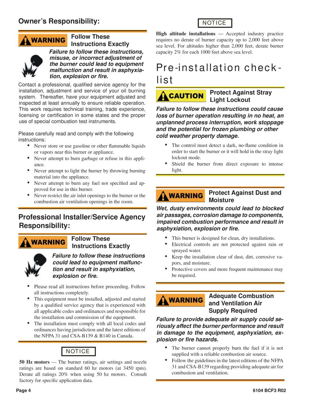 Beckett CF375 manual Pre-installation check- list, Follow These Instructions Exactly, Protect Against Stray Light Lockout 